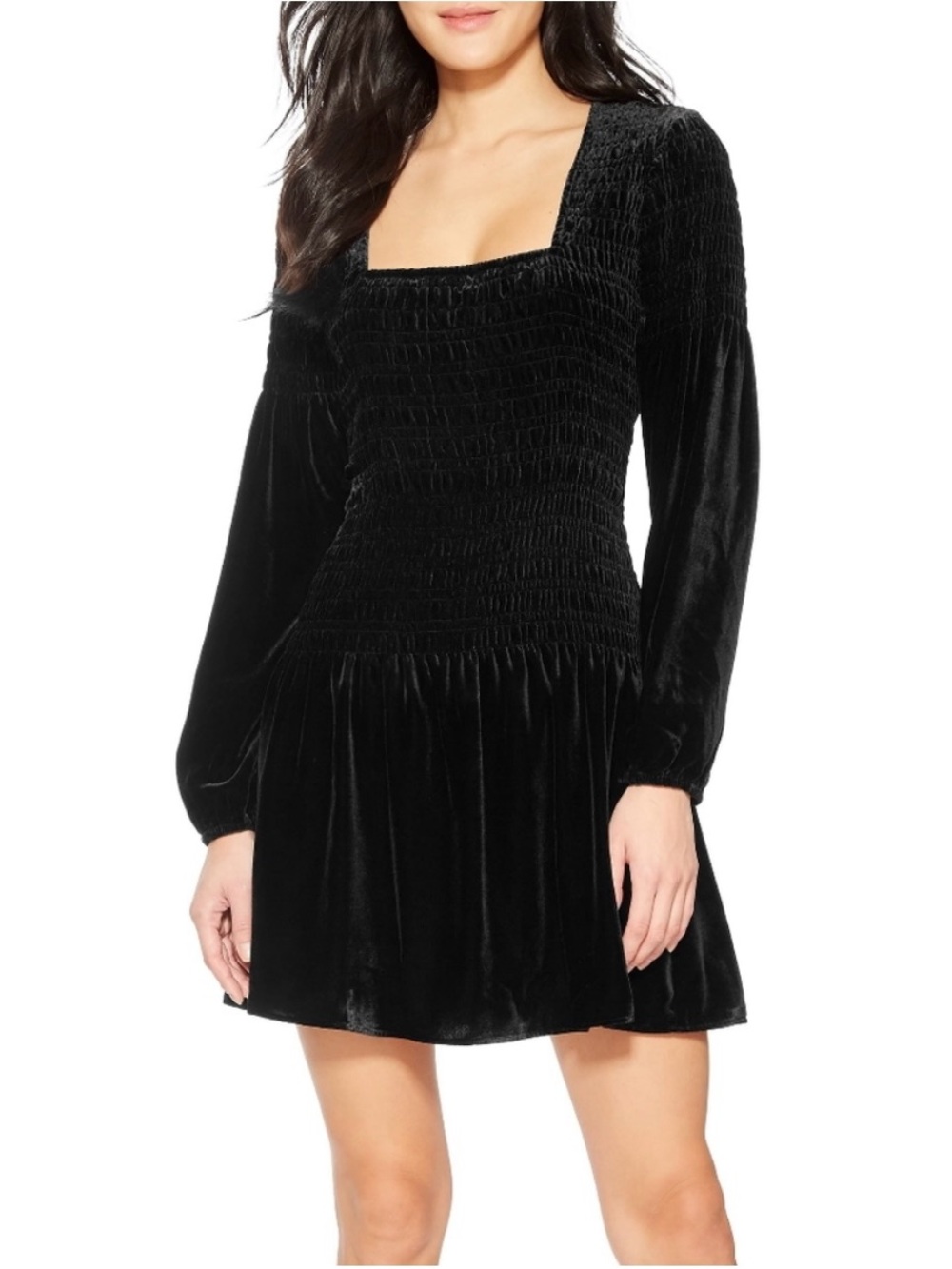 Parker Tiara Black Velvet Smocked Square-Neck Mini Dress